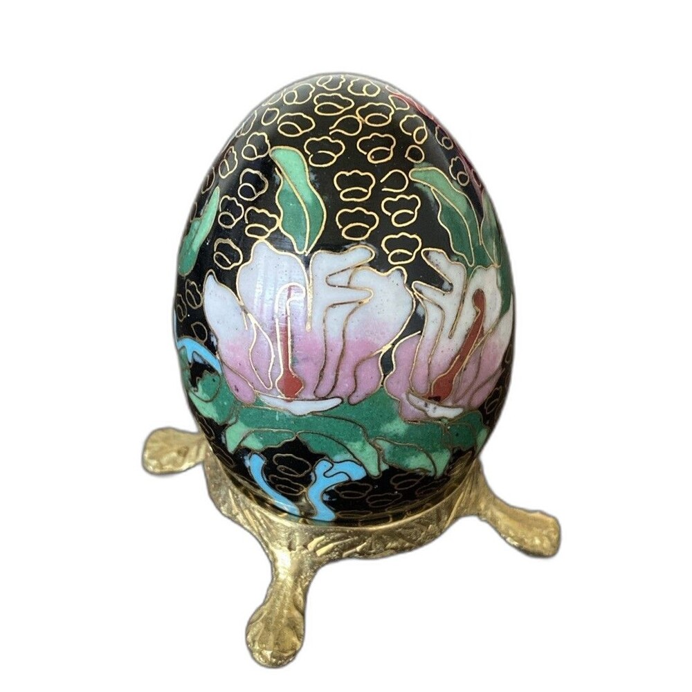 Cloisonne Egg figurine antique vtg porcelain floral France French limoges gold